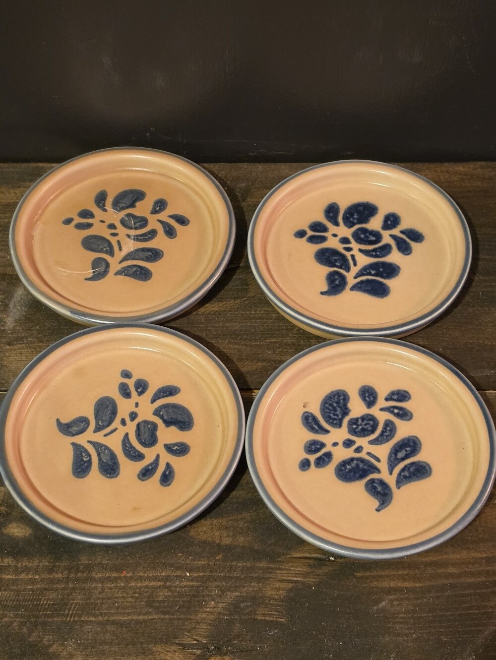 Vintage Pfaltzgraff Folk Art Coasters Set of 4 Stoneware USA Tan Blue Floral 4"